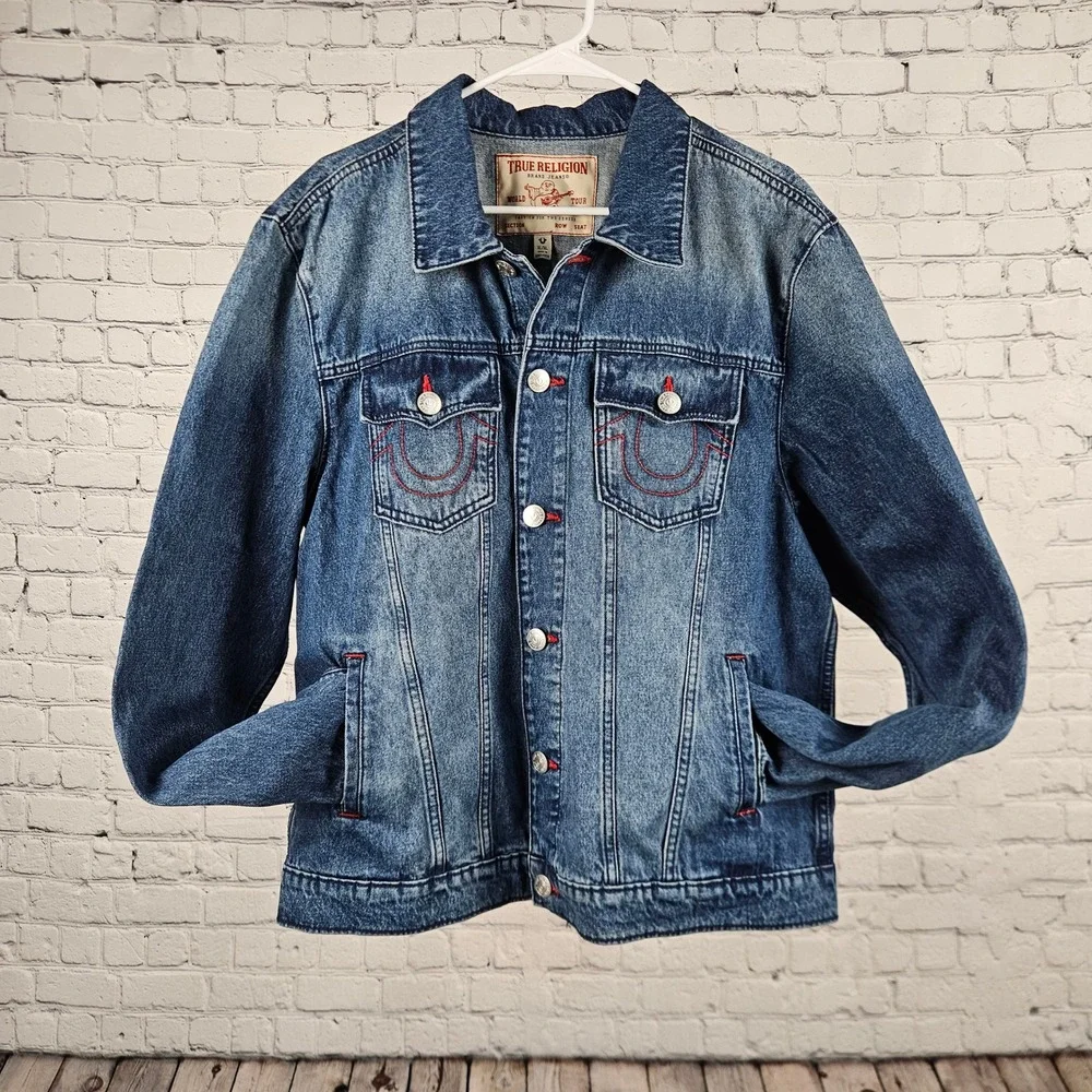 True Religion Mens Denim Jacket Medium Blue Quartz Wash Buddha Print 701133 XL